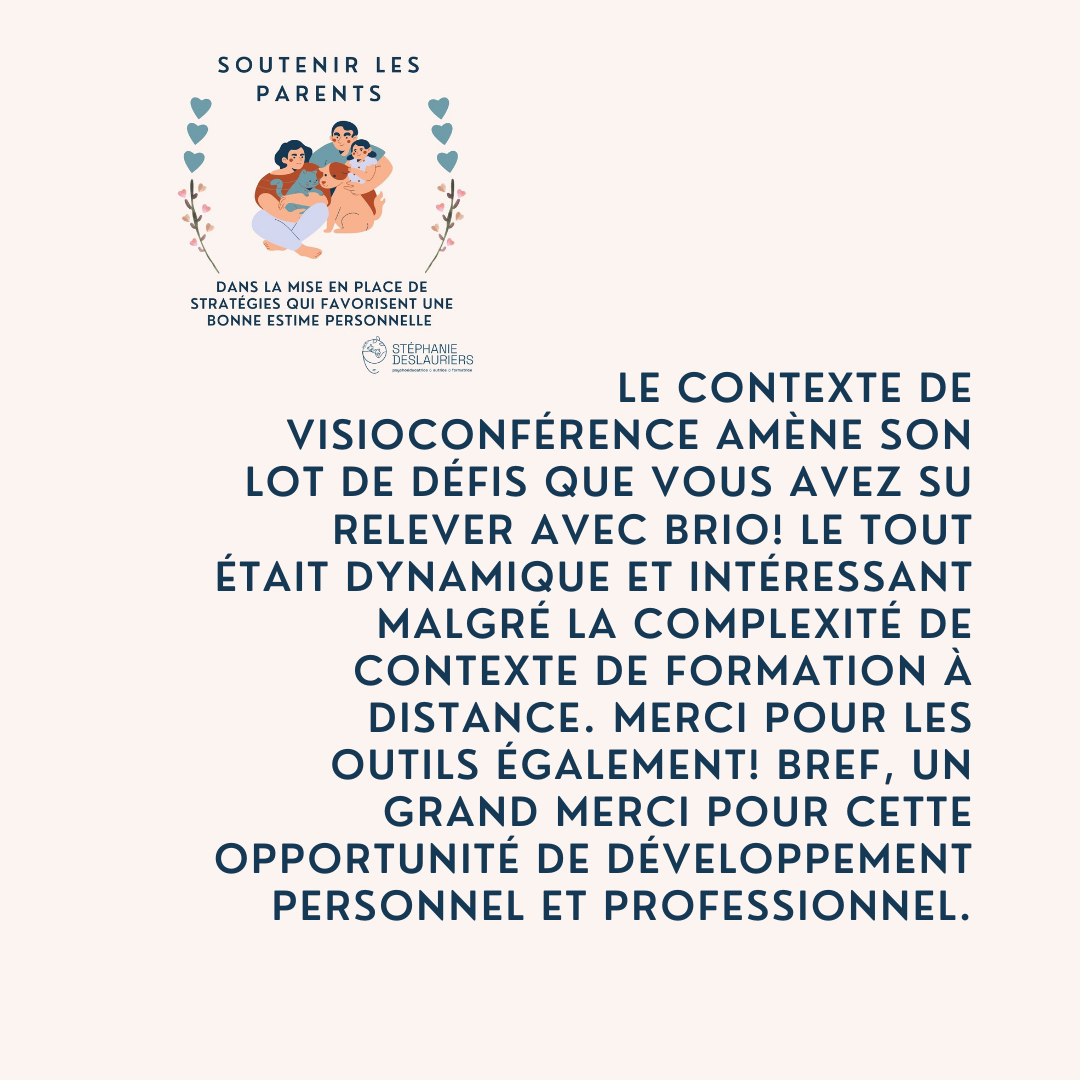 Le contexte de visioconférence amène son lot de défis que vous avez sur relever avec brio! Le tout était dynamique et intéressant malgré la complexité de contexte de formation à distance. Merci pour les outils également. Bref, un grand merci pour cette opportunité de développement personnel et professionnel.