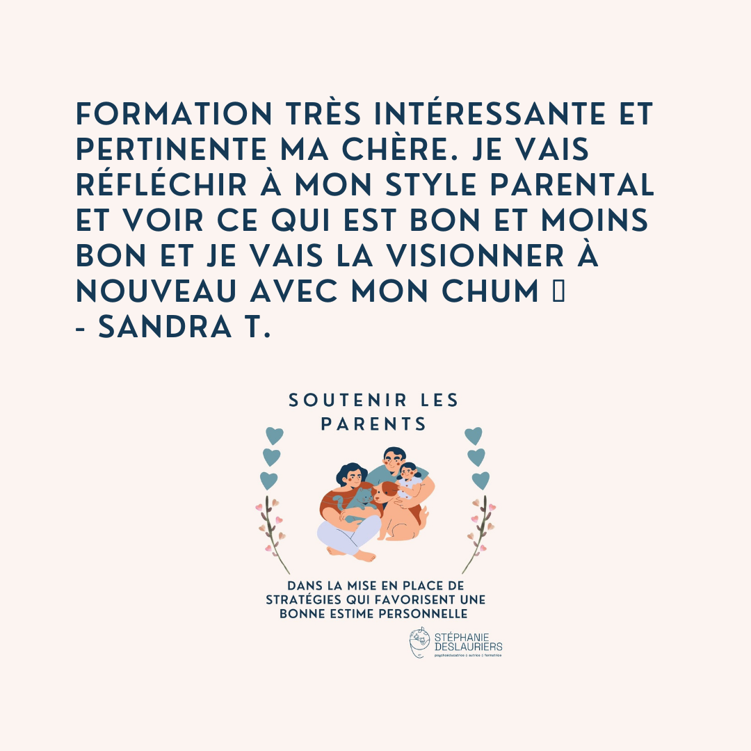 Formation très intéressante et pertinente ma chère. Je vais réfléchir à mon style parental et voir ce qui est bon et moins bon et je vais la visionner à nouveau avec mon chum.